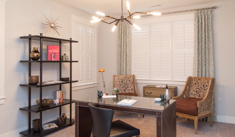 Las Vegas home office with plantation shutters.